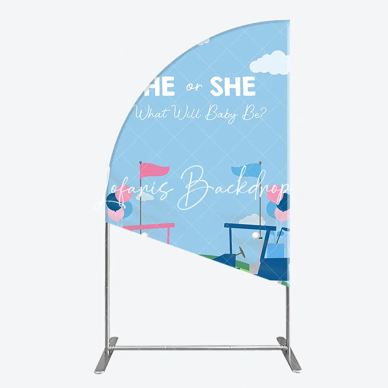 Lofaris Pink and Blue Golf Cart Gender Reveal Half Moon Arch Backdrop He or She Baby Shower Party Decor