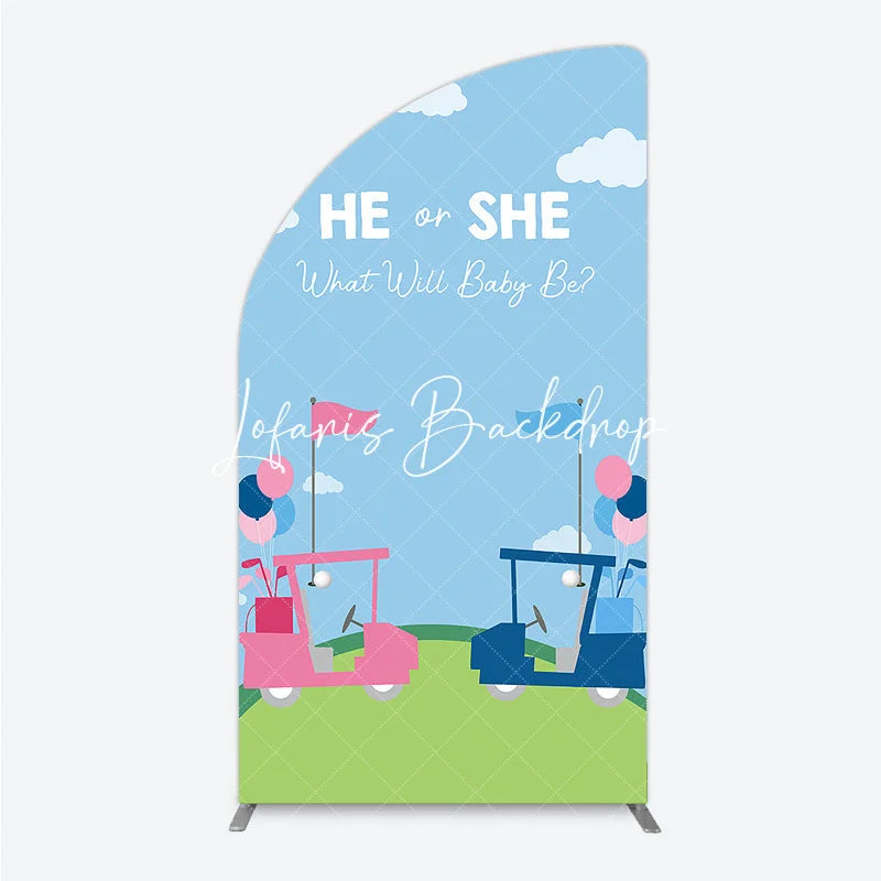 Lofaris Pink and Blue Golf Cart Gender Reveal Half Moon Arch Backdrop He or She Baby Shower Party Decor