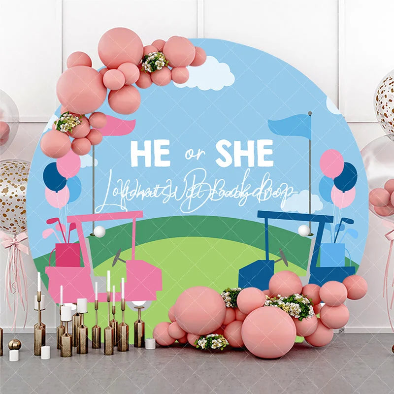 Lofaris Pink and Blue Golf Theme Gender Reveal Round Backdrop Featuring He or She What Will Baby Be for Shower Party