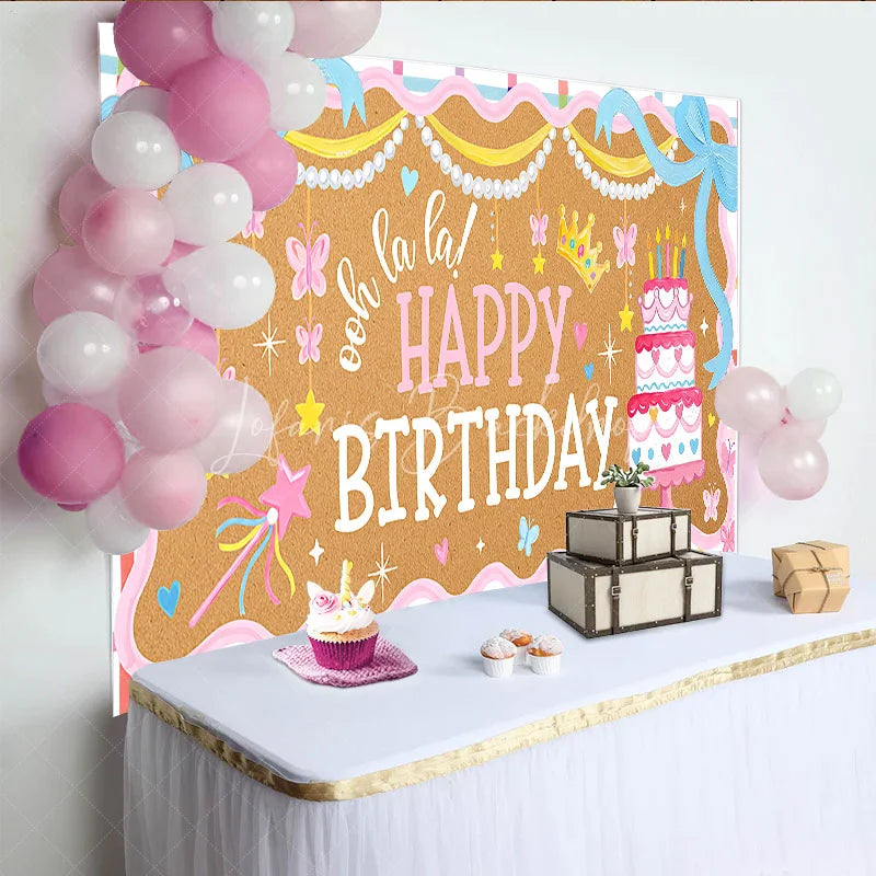 Lofaris Pink and Blue Ooh la Happy Birthday Backdrop with Cake Bows Butterflies Crown for Girls Party