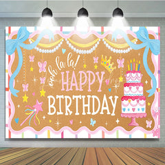 Lofaris Pink and Blue Ooh la Happy Birthday Backdrop with Cake Bows Butterflies Crown for Girls Party