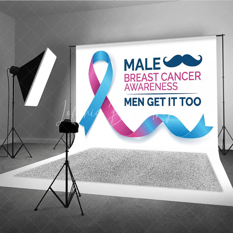 Lofaris Pink and Blue Ribbon Awareness Holiday Backdrop Male Breast Cancer Men Get It Too Slogan with Mustache