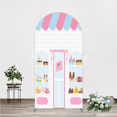 Lofaris Pink and Blue Striped Awning Candy Shop Round Top Arch Backdrop Sweet Dessert Storefront for Birthday Party