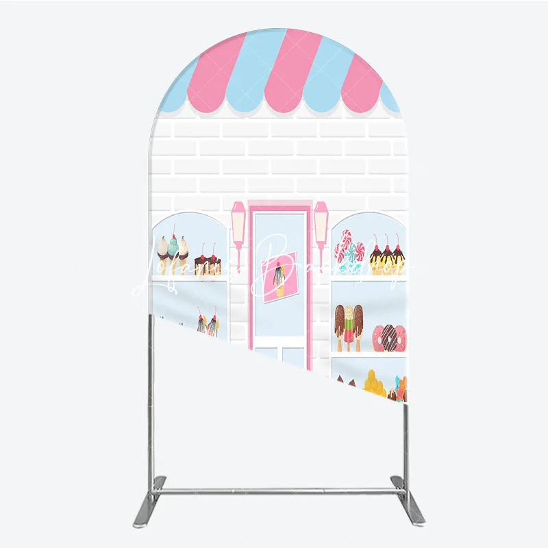 Lofaris Pink and Blue Striped Awning Candy Shop Round Top Arch Backdrop Sweet Dessert Storefront for Birthday Party