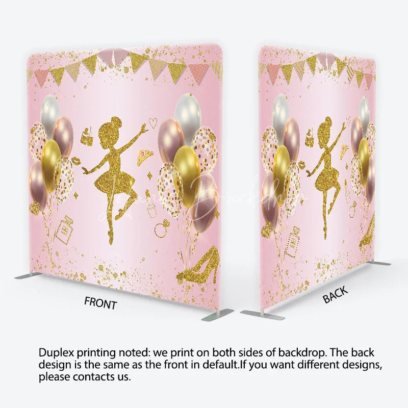 Lofaris Pink and Gold Glitter Ballerina Square Double-Sided Backdrop Elegant Girl’s Birthday Party Decor