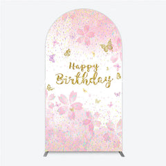 Lofaris Pink and Gold Glitter Happy Birthday Round Top Arch Backdrop with Cherry Blossoms Butterflies Elegant Party Decor