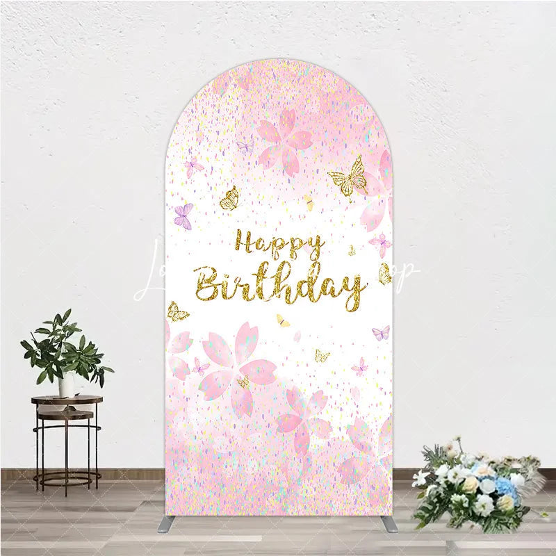 Lofaris Pink and Gold Glitter Happy Birthday Round Top Arch Backdrop with Cherry Blossoms Butterflies Elegant Party Decor