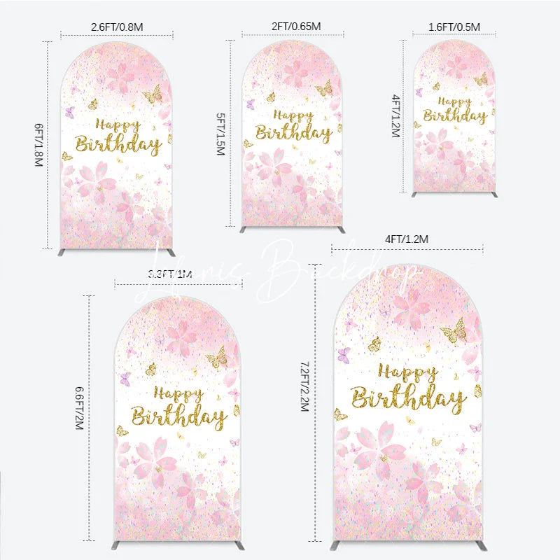 Lofaris Pink and Gold Glitter Happy Birthday Round Top Arch Backdrop with Cherry Blossoms Butterflies Elegant Party Decor