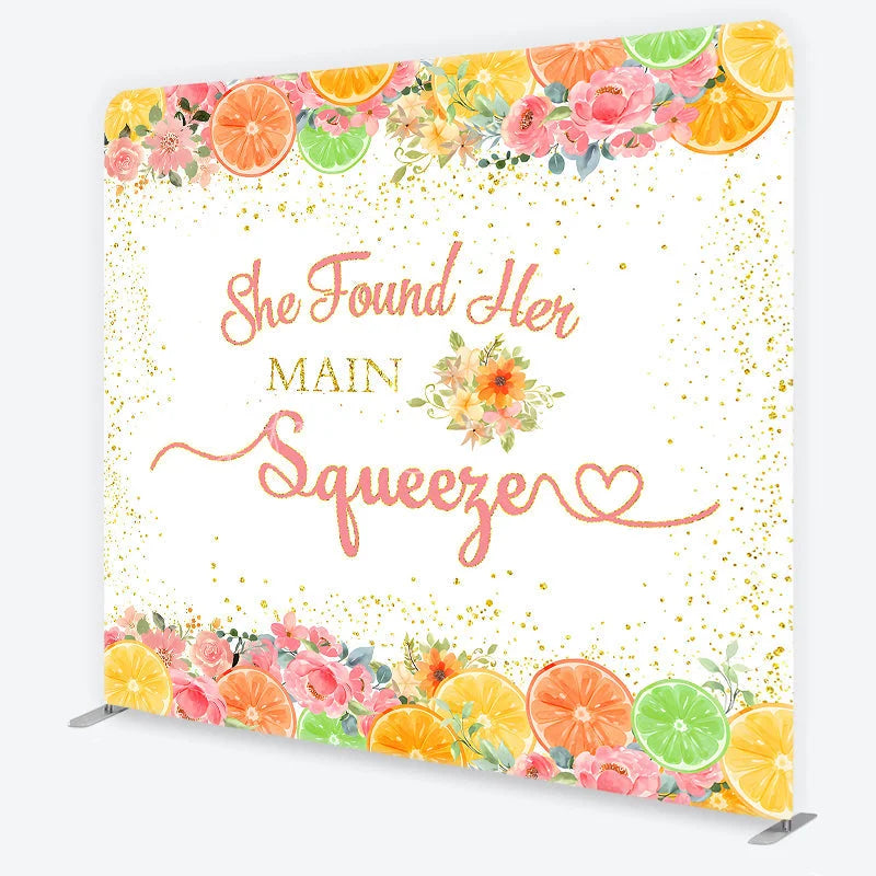 Lofaris Pink and Gold Glitter She Found Her Main Squeezer Square Double-Sided Backdrop Citrus Floral Bridal Shower Decor