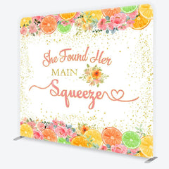 Lofaris Pink and Gold Glitter She Found Her Main Squeezer Square Double-Sided Backdrop Citrus Floral Bridal Shower Decor