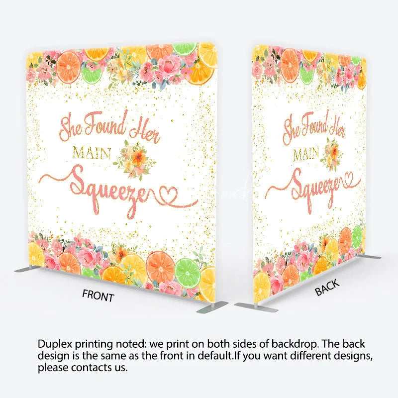 Lofaris Pink and Gold Glitter She Found Her Main Squeezer Square Double-Sided Backdrop Citrus Floral Bridal Shower Decor