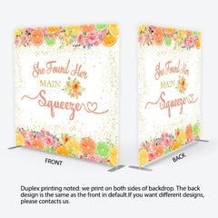Lofaris Pink and Gold Glitter She Found Her Main Squeezer Square Double-Sided Backdrop Citrus Floral Bridal Shower Decor