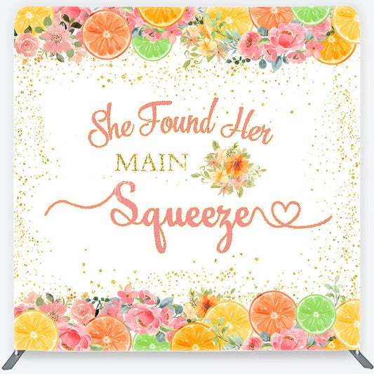 Lofaris Pink and Gold Glitter She Found Her Main Squeezer Square Double-Sided Backdrop Citrus Floral Bridal Shower Decor