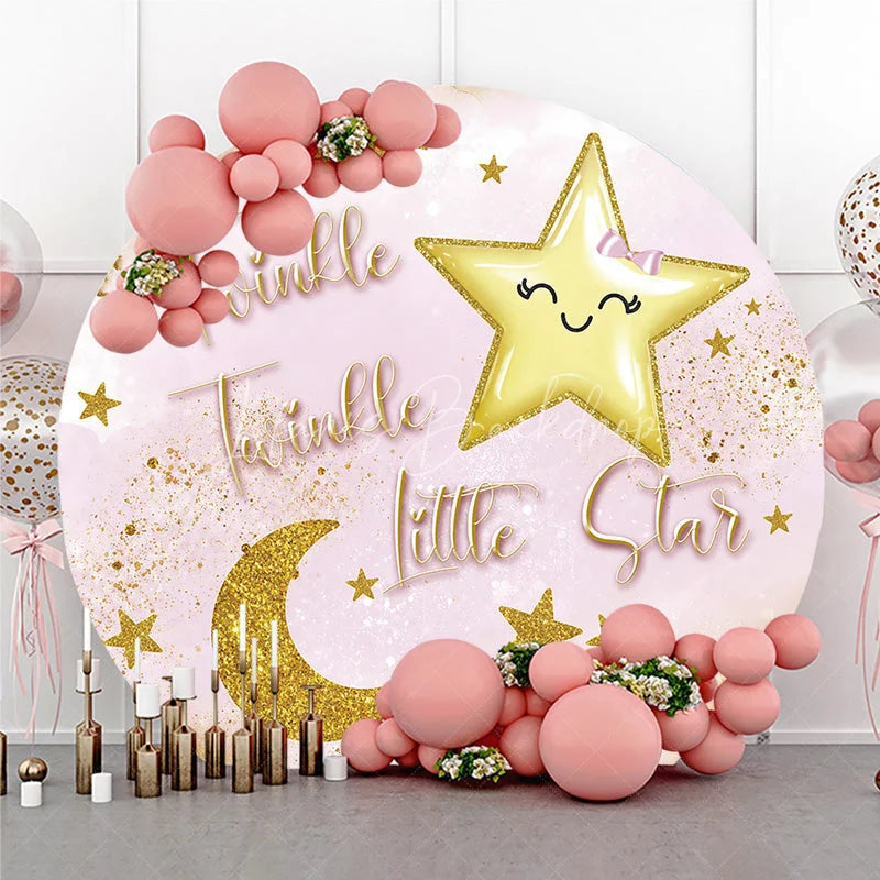 Lofaris Pink and Gold Glitter Twinkle Little Star Round Backdrop Dreamy Baby Shower Birthday Party Decor