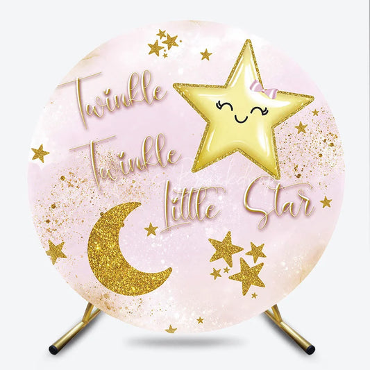 Lofaris Pink and Gold Glitter Twinkle Little Star Round Backdrop Dreamy Baby Shower Birthday Party Decor