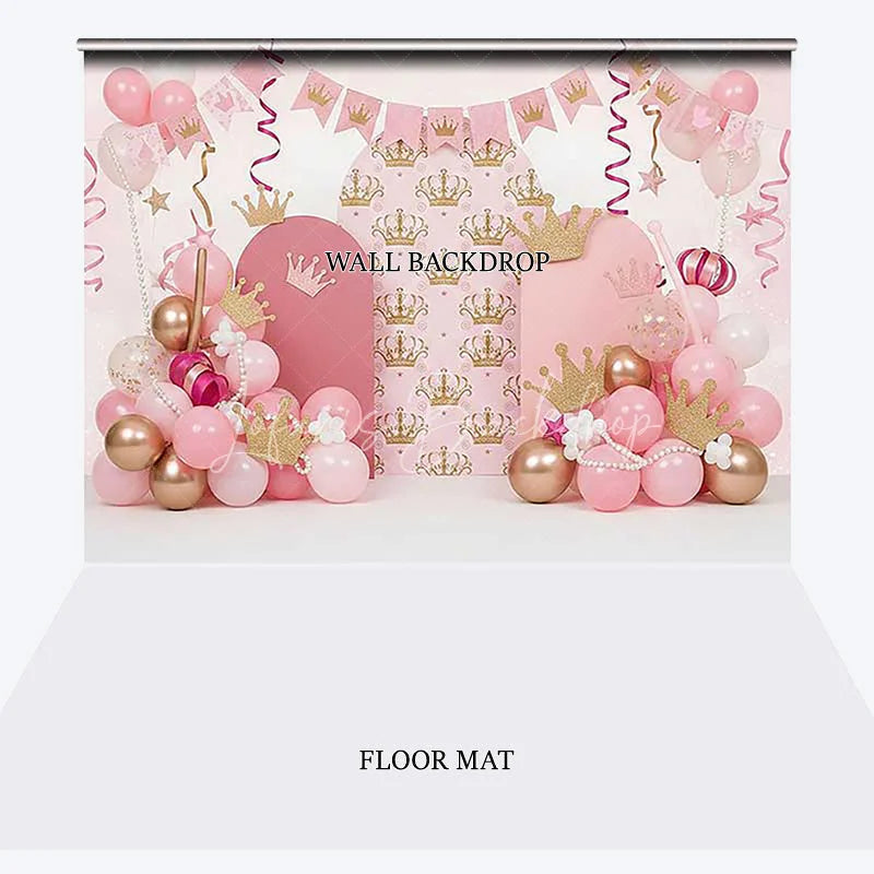Lofaris Pink and Gold Princess Crown Combo Set Backdrop with Arches Balloon Garlands perfect for Birthday Party Decor