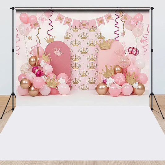 Lofaris Pink and Gold Princess Crown Combo Set Backdrop with Arches Balloon Garlands perfect for Birthday Party Decor