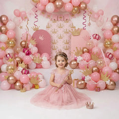 Lofaris Pink and Gold Princess Crown Combo Set Backdrop with Arches Balloon Garlands perfect for Birthday Party Decor