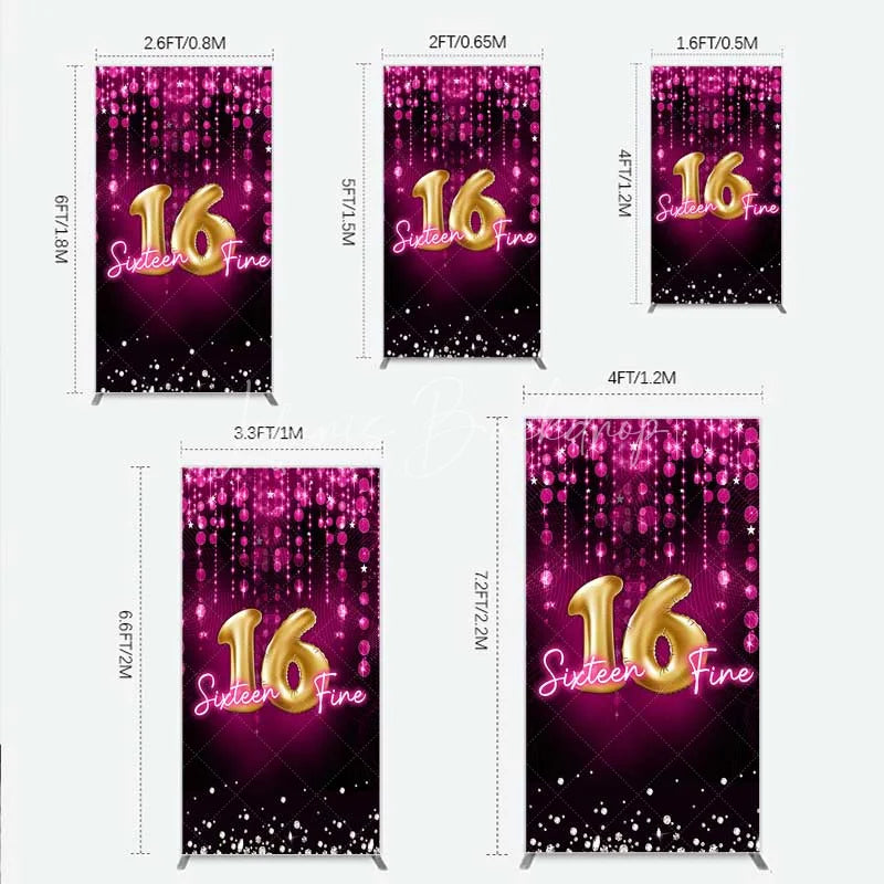 Lofaris Pink and Gold Sixteen Fine Rectangle Backdrop 16th Birthday Balloon Sparkles Party Decoration