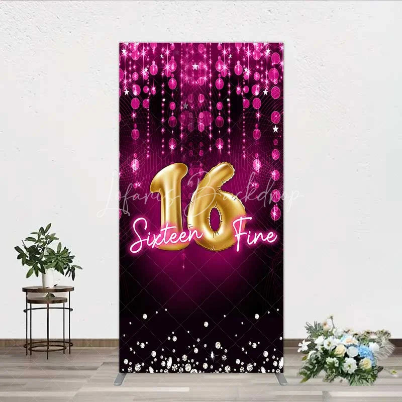 Lofaris Pink and Gold Sixteen Fine Rectangle Backdrop 16th Birthday Balloon Sparkles Party Decoration