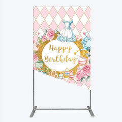 Lofaris Pink and Gold Whimsical Happy Birthday rectangle arch backdrop Fairytale Tea Party Decor