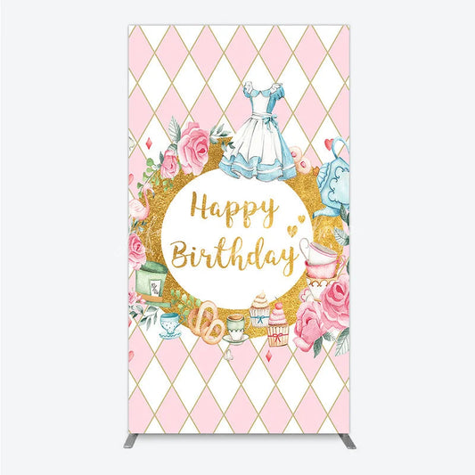 Lofaris Pink and Gold Whimsical Happy Birthday rectangle arch backdrop Fairytale Tea Party Decor
