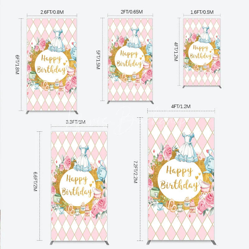 Lofaris Pink and Gold Whimsical Happy Birthday rectangle arch backdrop Fairytale Tea Party Decor