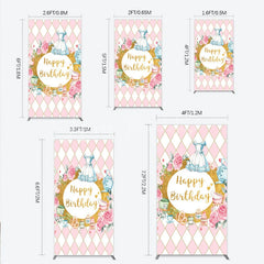 Lofaris Pink and Gold Whimsical Happy Birthday rectangle arch backdrop Fairytale Tea Party Decor