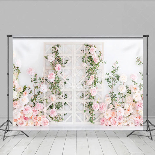Lofaris Pink and Peach Roses Floral Photography Backdrop with White Trellis Romantic Wedding Bridal Shower Decor
