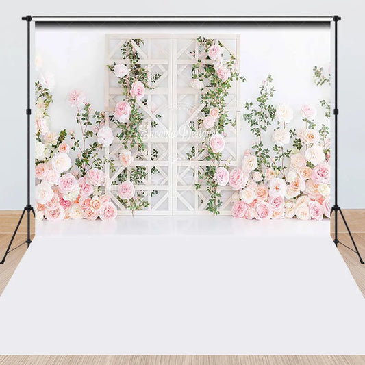 Lofaris Pink and Peach Roses White Trellis Floral Combo Set Backdrop Romantic Wedding Bridal Shower Decor