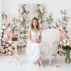 Lofaris Pink and Peach Roses White Trellis Floral Combo Set Backdrop Romantic Wedding Bridal Shower Decor