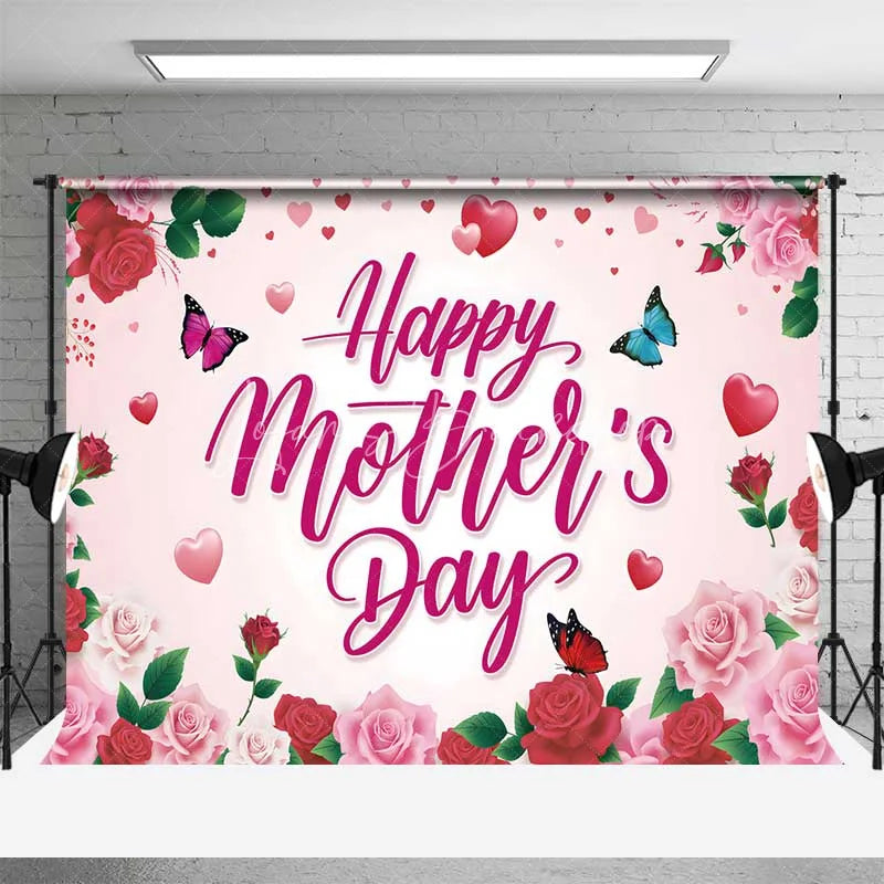Lofaris Pink and Red Roses Happy Mothers Day Backdrop Floral Butterflies Hearts Party Background Sweet Love Celebration