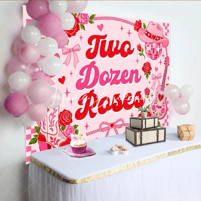 Lofaris Pink and Red Two Dozen Roses Western Birthday Backdrop with Cowboy Hat Boots Disco Ball Girly Party Decor.