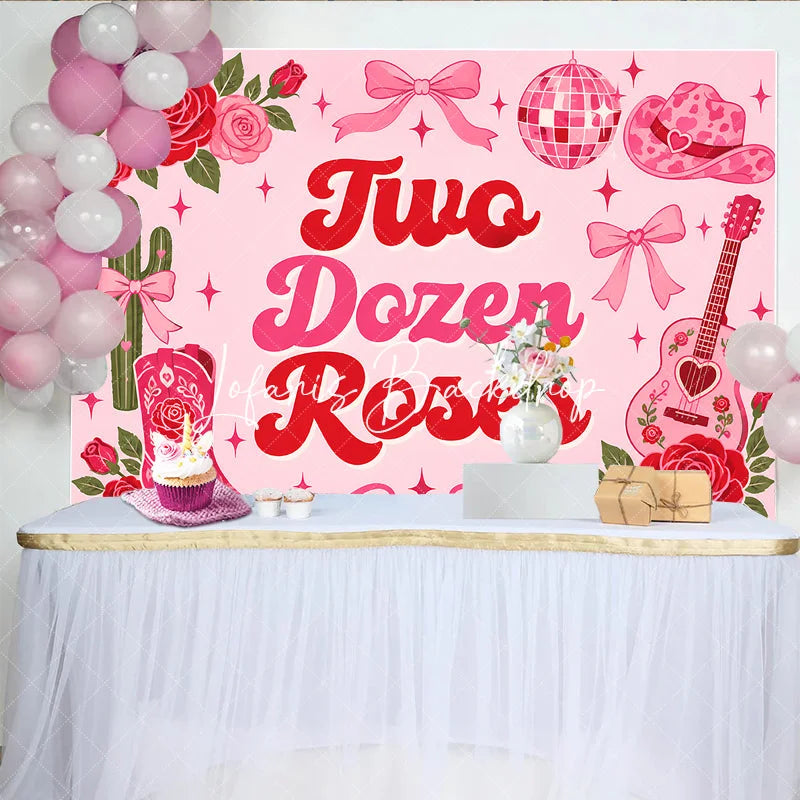 Lofaris Pink and Red Two Dozen Roses Western Groovy Birthday Backdrop Cowboy Boot Guitar Disco Ball Decor