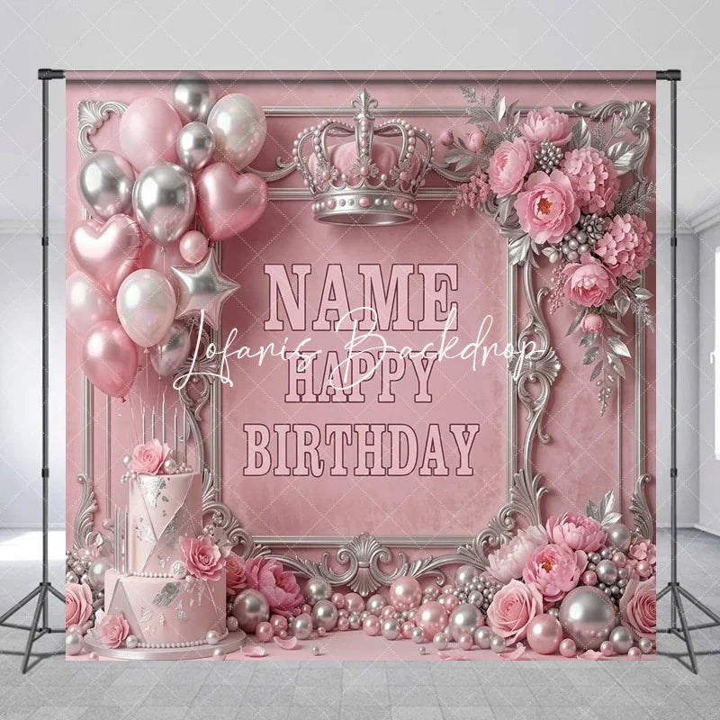 Lofaris Pink and Silver Princess Crown Custom Birthday Backdrop with Balloons Cake Elegant Party Decor