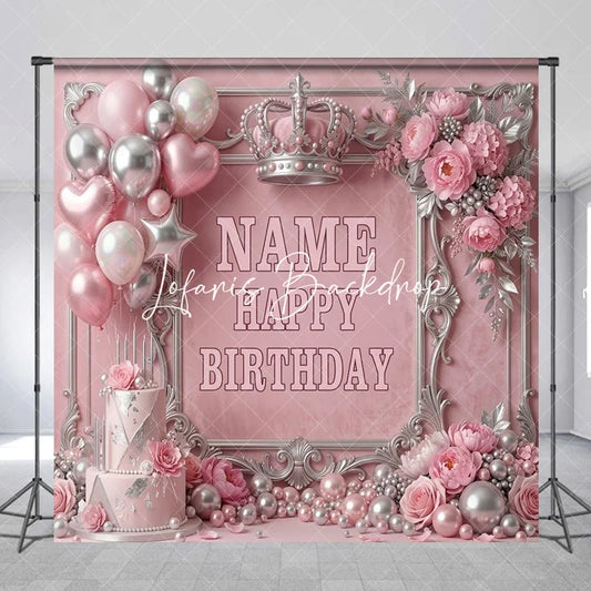 Lofaris Pink and Silver Princess Crown Custom Birthday Backdrop with Balloons Cake Elegant Party Decor