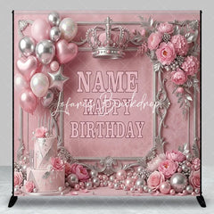 Lofaris Pink and Silver Princess Crown Custom Birthday Backdrop with Balloons Cake Elegant Party Decor