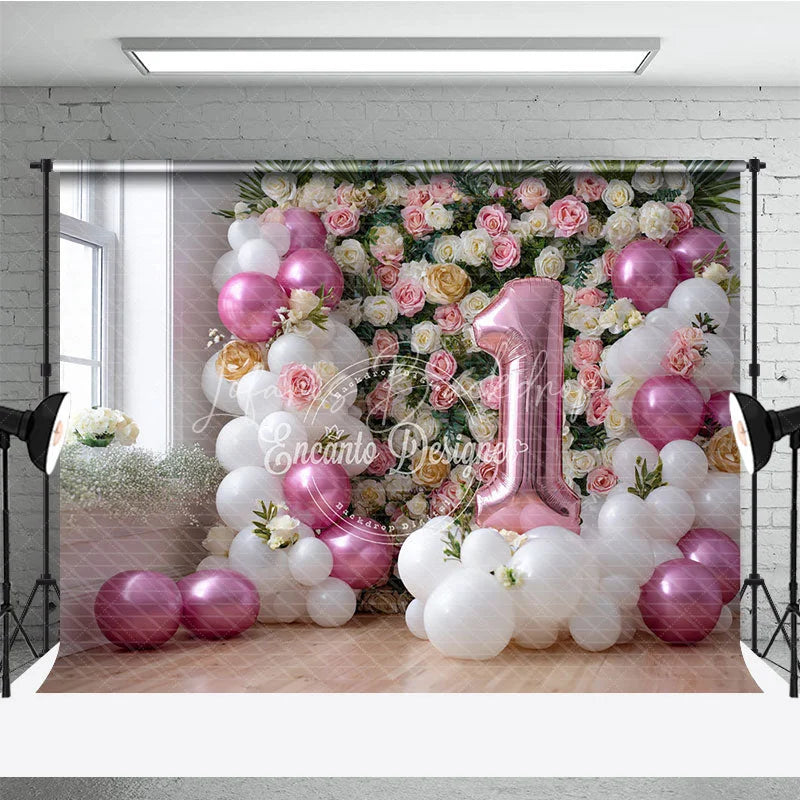 Lofaris Pink and White Balloon Floral Photography Backdrop First Birthday Party Decoration for Baby Girl