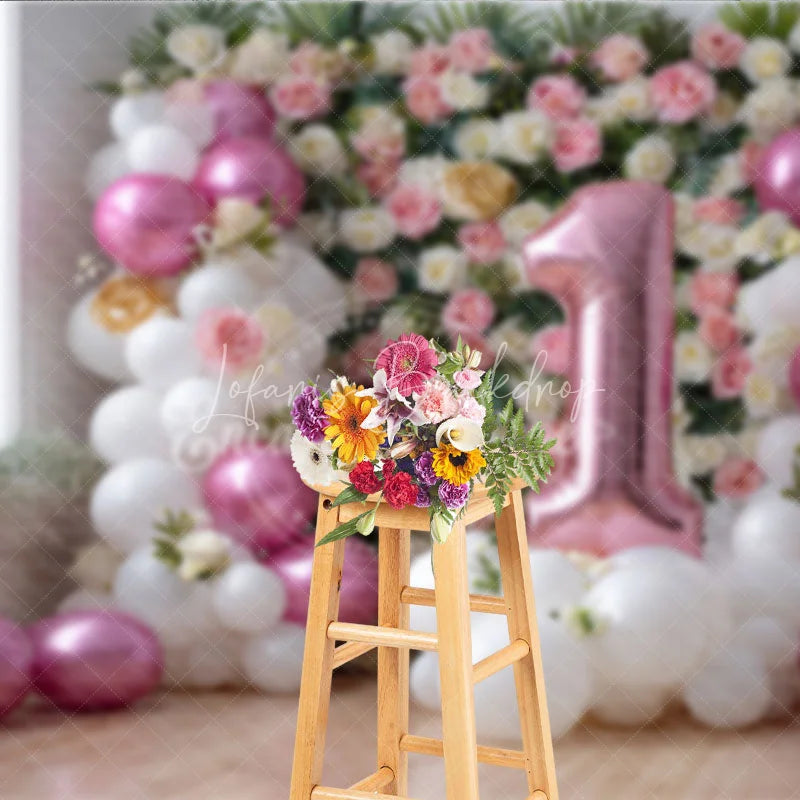 Lofaris Pink and White Balloon Floral Photography Backdrop First Birthday Party Decoration for Baby Girl