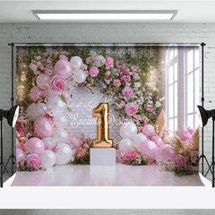Lofaris Pink and White Balloons Floral Arch First Birthday Photography Backdrop Golden Number One Window Light