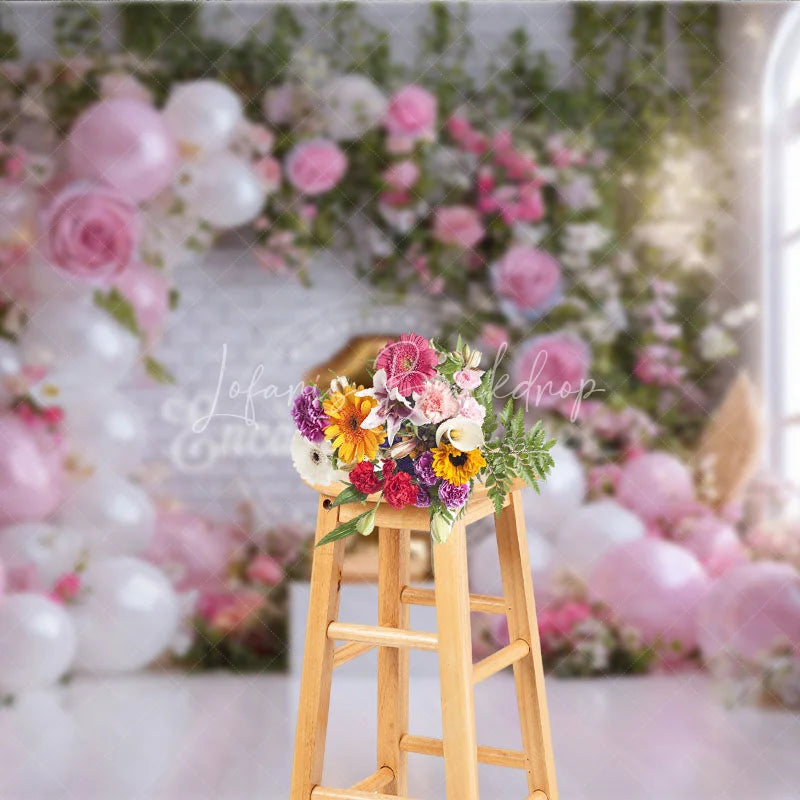 Lofaris Pink and White Balloons Floral Arch First Birthday Photography Backdrop Golden Number One Window Light