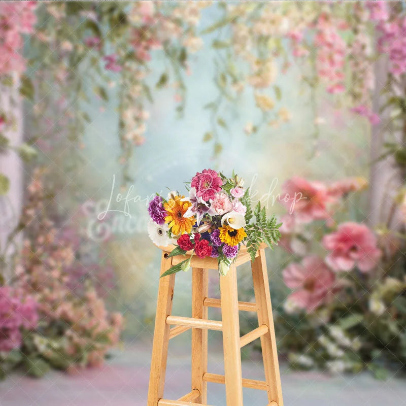 Lofaris Pink and White Floral Garden Photography Backdrop with Hanging Vines Ethereal Spring Wedding Decor