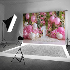 Lofaris Pink and White Floral Rose Wall Photography Backdrop First Birthday Baby Shower with Balloons Number