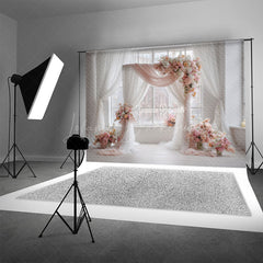 Lofaris Pink and White Floral Wedding Arch Photography Backdrop Bright Airy Decor Romantic Indoor Ceremony Photo Booth