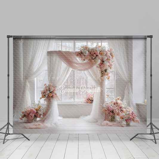 Lofaris Pink and White Floral Wedding Arch Photography Backdrop Bright Airy Decor Romantic Indoor Ceremony Photo Booth