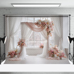 Lofaris Pink and White Floral Wedding Arch Photography Backdrop Bright Airy Decor Romantic Indoor Ceremony Photo Booth