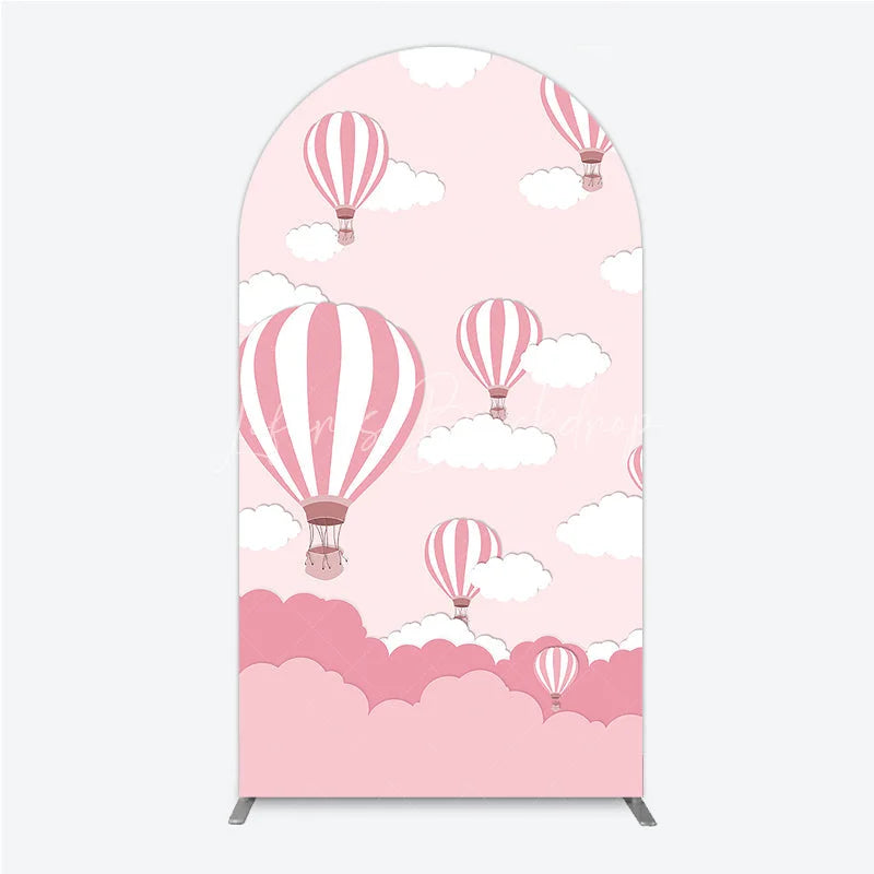 Lofaris Pink and White Striped Hot Air Balloon Cloud Round Top Arch Backdrop Cartoon Baby Shower Birthday Party Decor