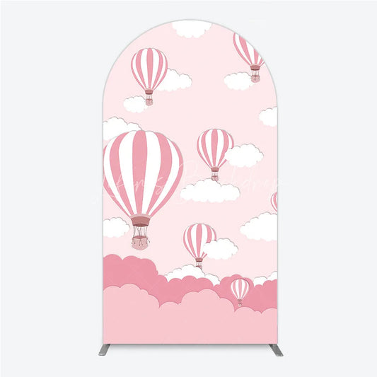 Lofaris Pink and White Striped Hot Air Balloon Cloud Round Top Arch Backdrop Cartoon Baby Shower Birthday Party Decor