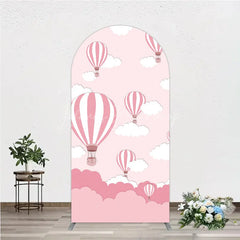 Lofaris Pink and White Striped Hot Air Balloon Cloud Round Top Arch Backdrop Cartoon Baby Shower Birthday Party Decor