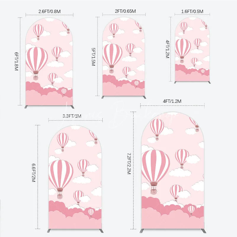 Lofaris Pink and White Striped Hot Air Balloon Cloud Round Top Arch Backdrop Cartoon Baby Shower Birthday Party Decor